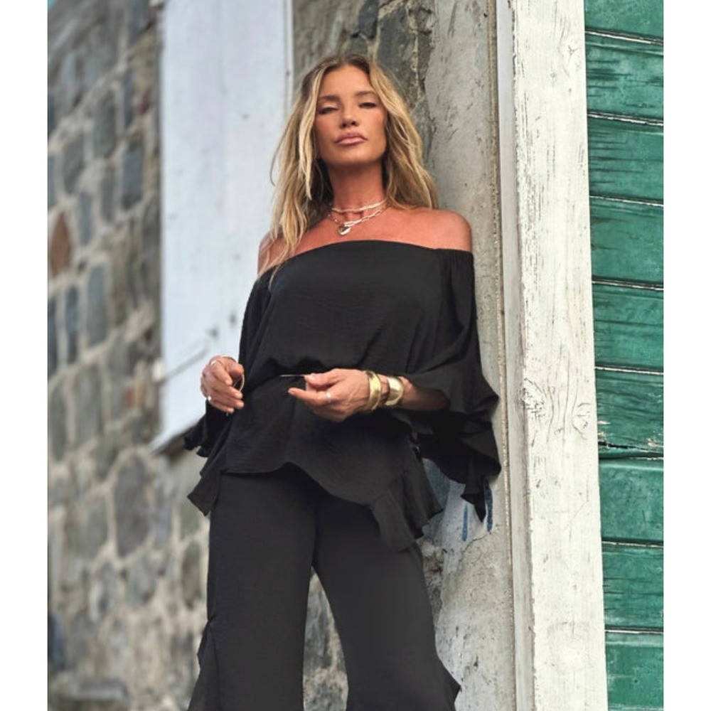 Ramona LaRue Briana Off Shoulder‎ Blouse OS Black Ruffle Boho Top